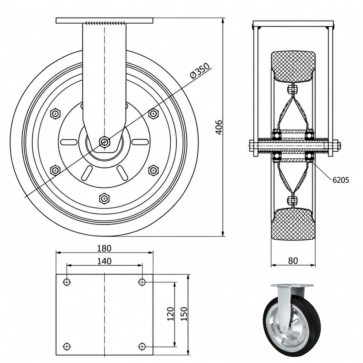 Metall-Gummiräder mit Platte Bockrolle Ø350 mm mit Platte Code: 3503LD