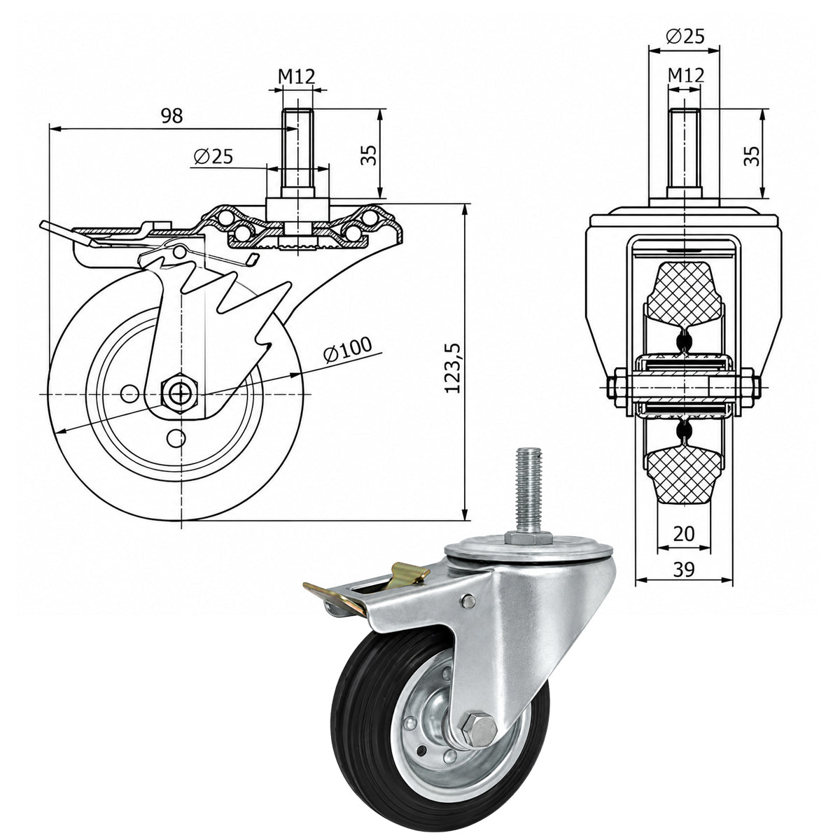 Metall-Gummiräder mit Befestigungsstift und Bremse Lenkrollen  Ø100 mm Code: 16H*M12