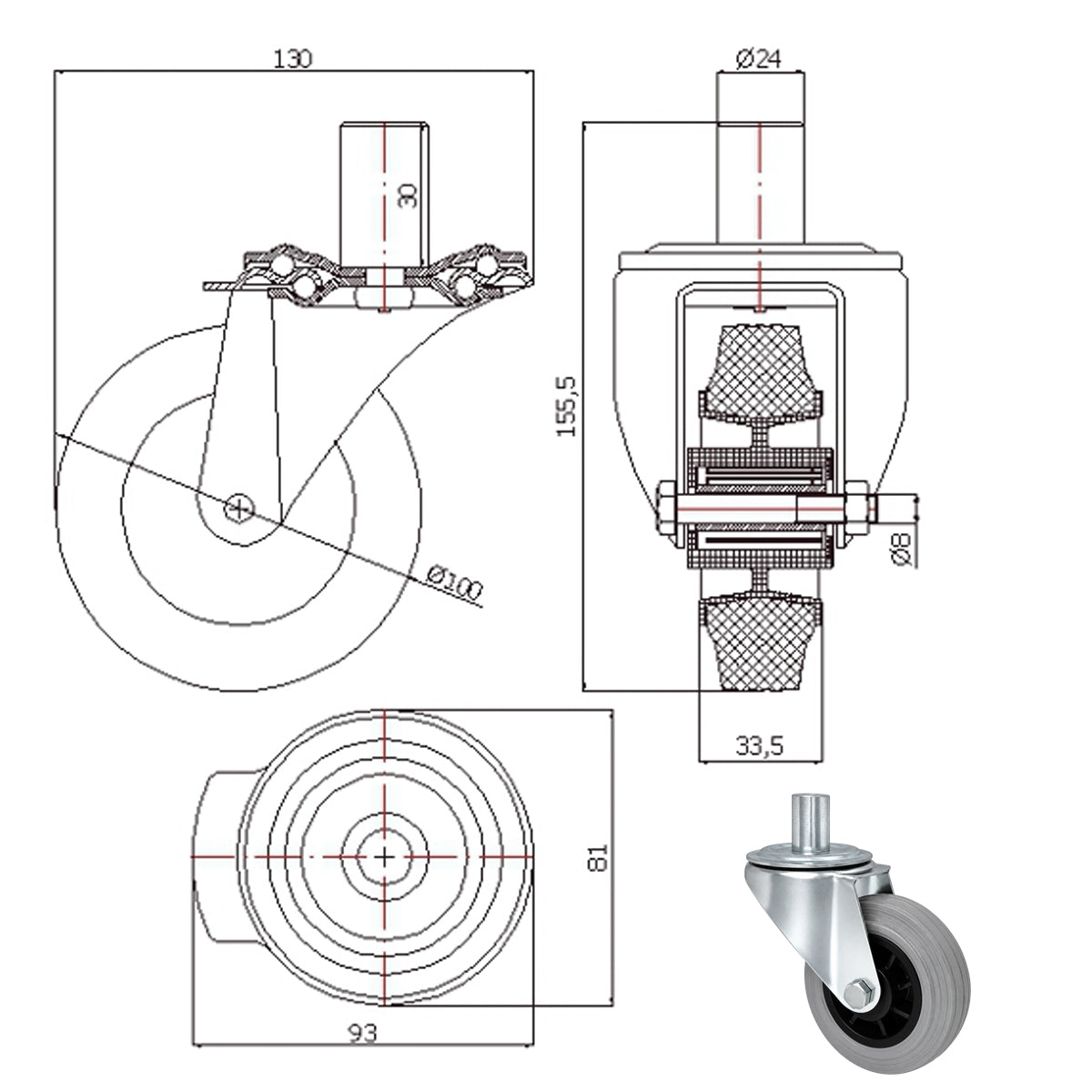 Kunststoff-Gummiräder mit Befestigungsstift Lenkrollen Ø100 mm Code: 14TS*24