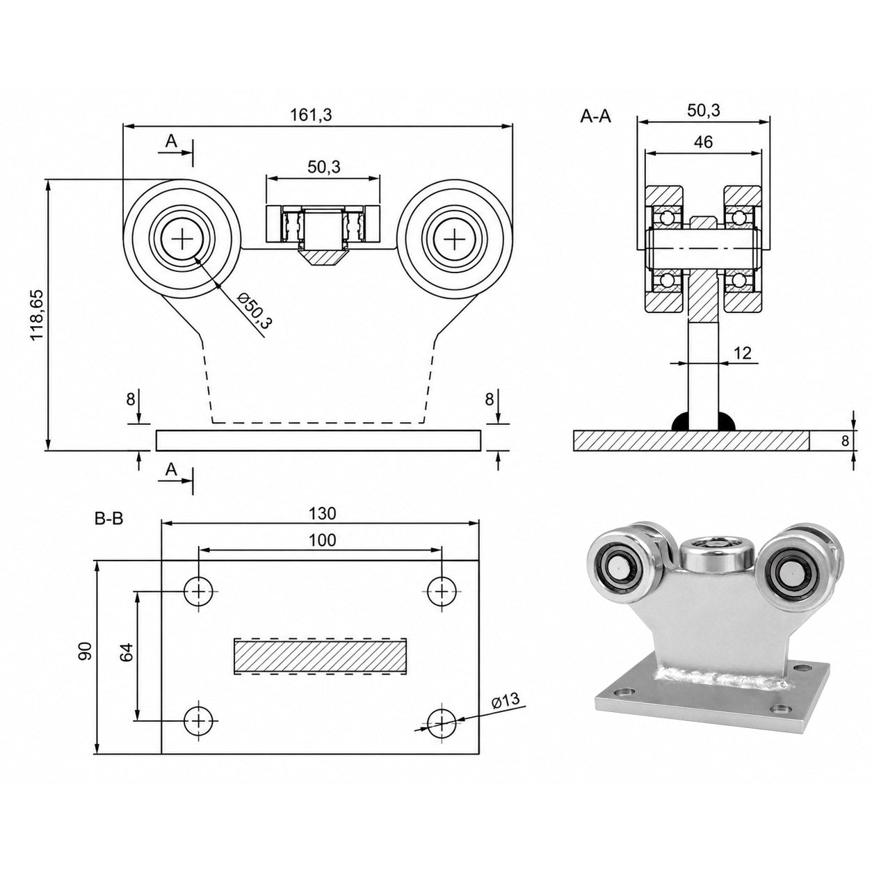 Torwagen für Schiebetore bis 180 °C – für Profile 60 × 60 mm – Wandstärke 3 mm: 5MM-60E