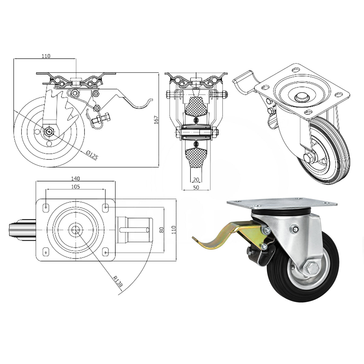 Metall-Gummiräder mit Befestigungsplatte und Bremse Lenkrolle Ø125 mm Code: 25H