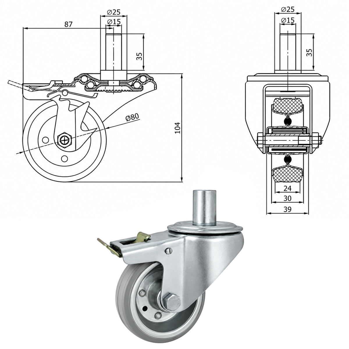 Metall-Gummiräder mit Befestigungsstift und Bremse Lenkrollen  Ø80 mm Code: 7SH*24