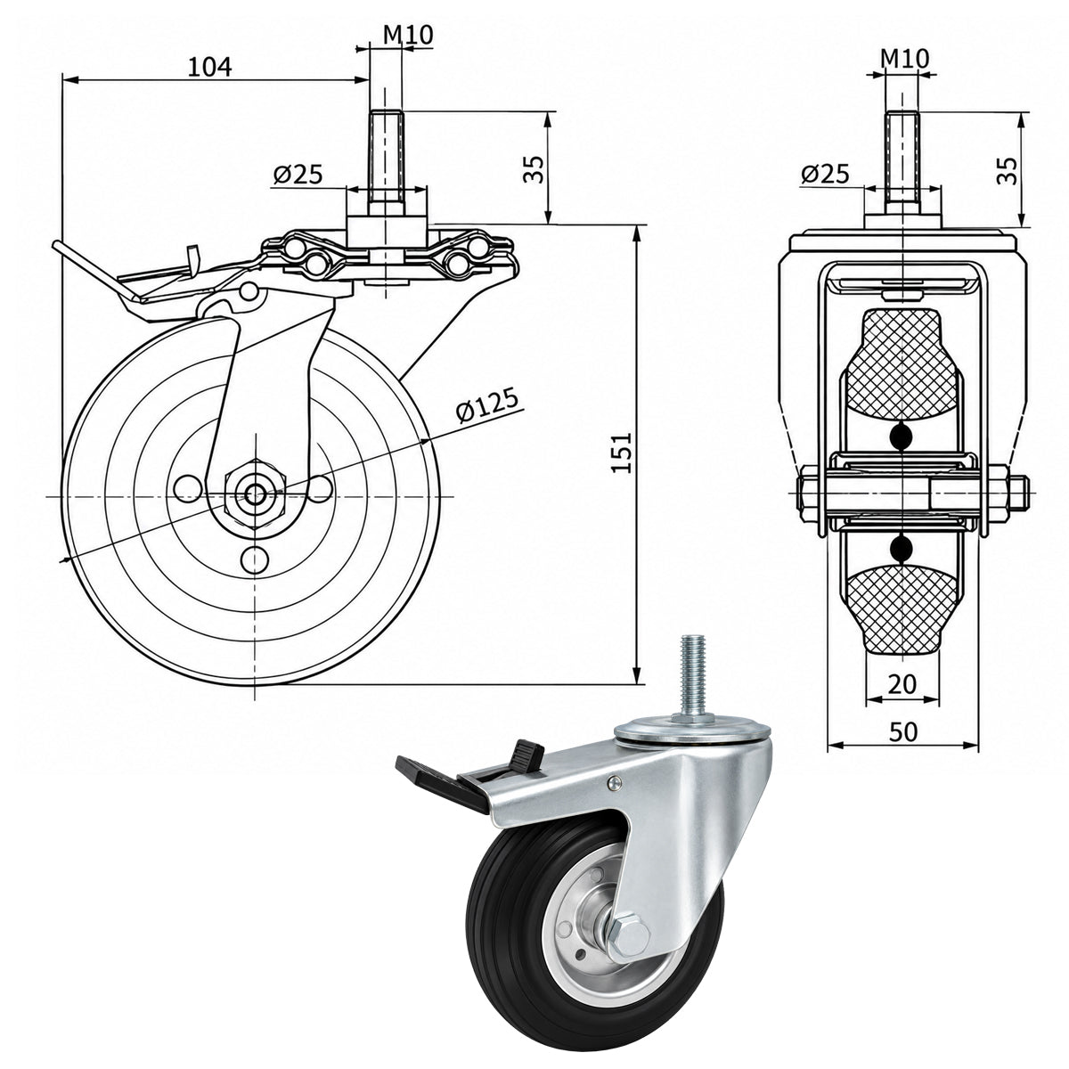 Metall-Gummiräder mit Befestigungsstift und Bremse Lenkrollen  Ø125 mm Code: 26MH*M10