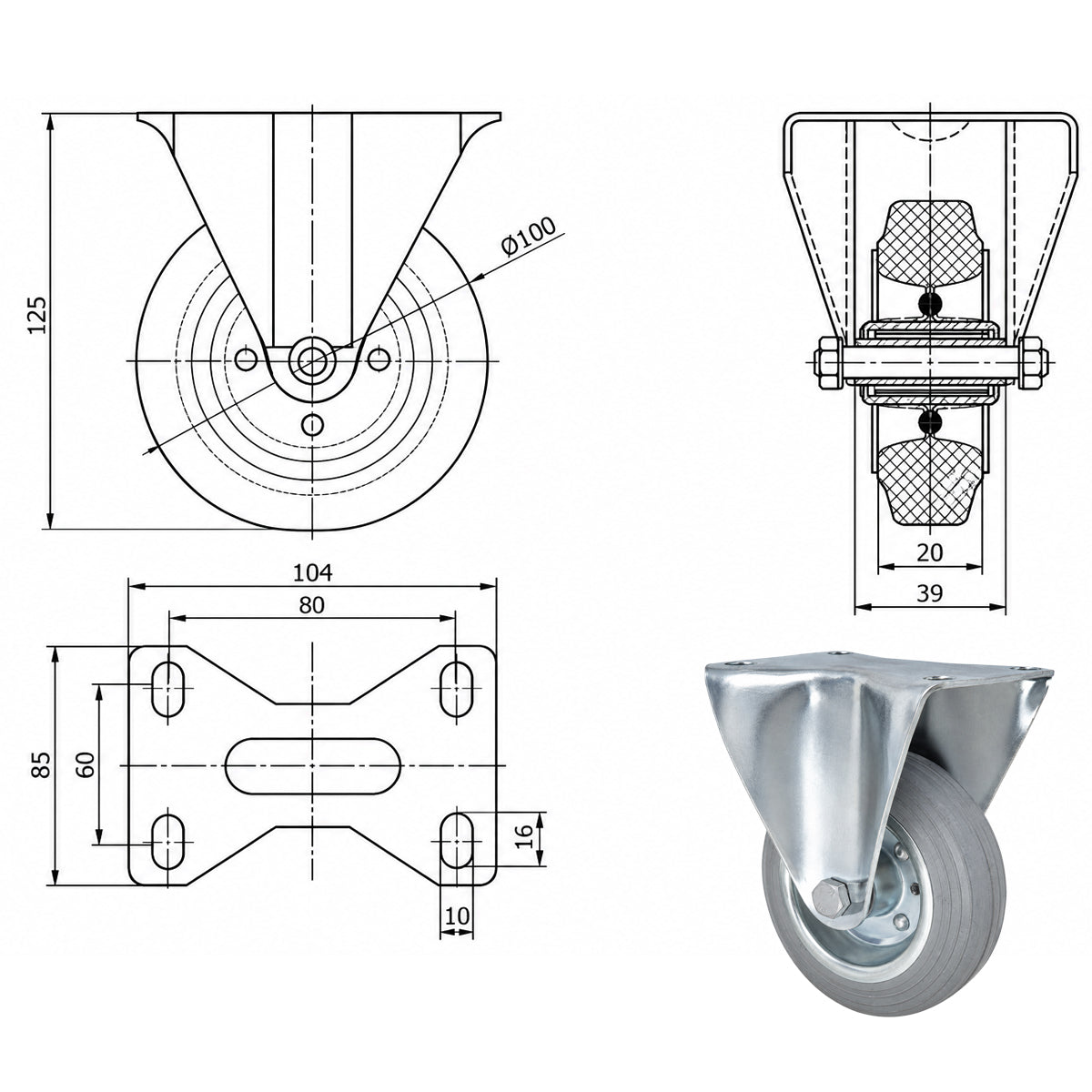 Metall-Gummiräder mit Platte Bockrolle Ø100 mm mit Platte Code: 13S