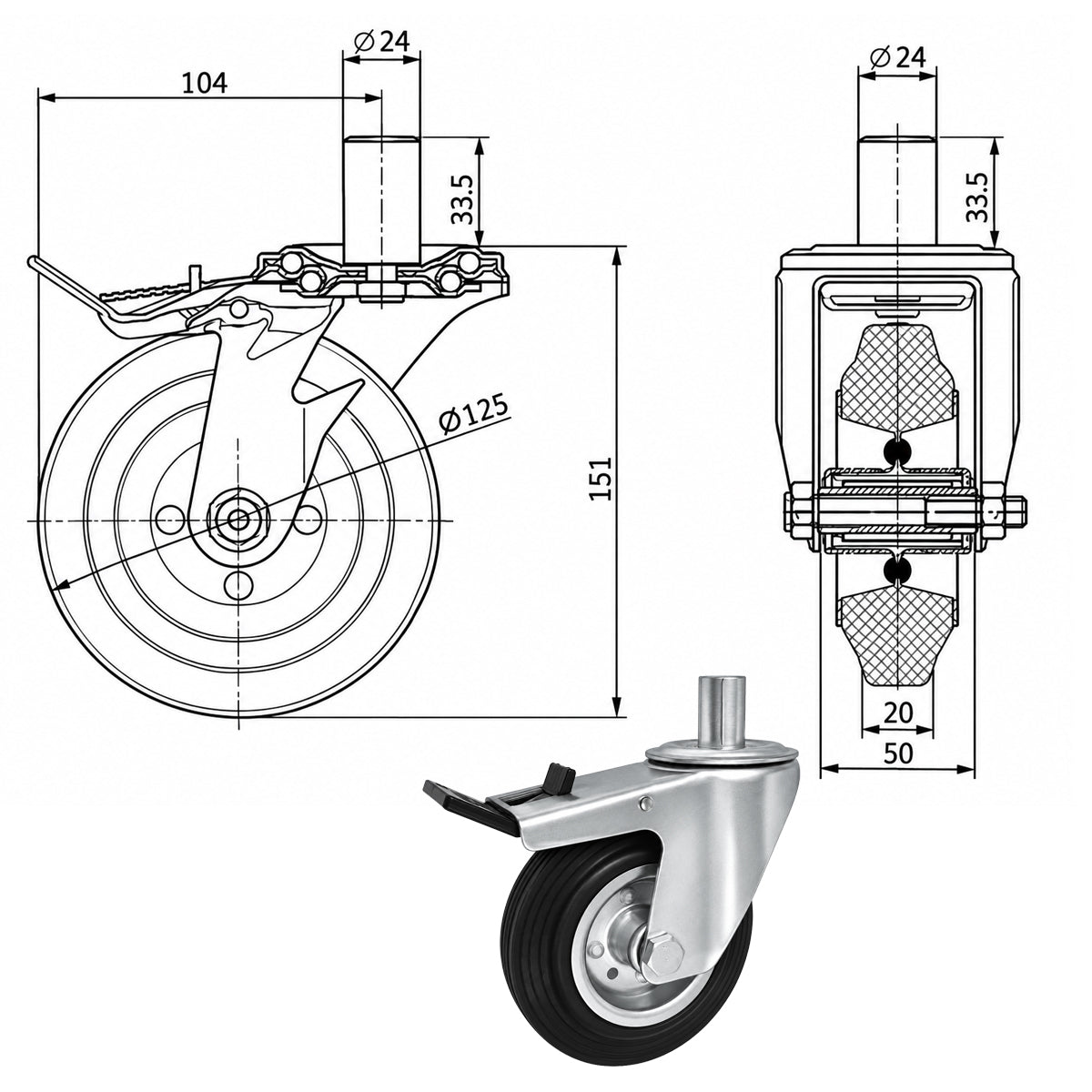Metall-Gummiräder mit Befestigungsstift und Bremse Lenkrollen  Ø125 mm Code: 26MH*24