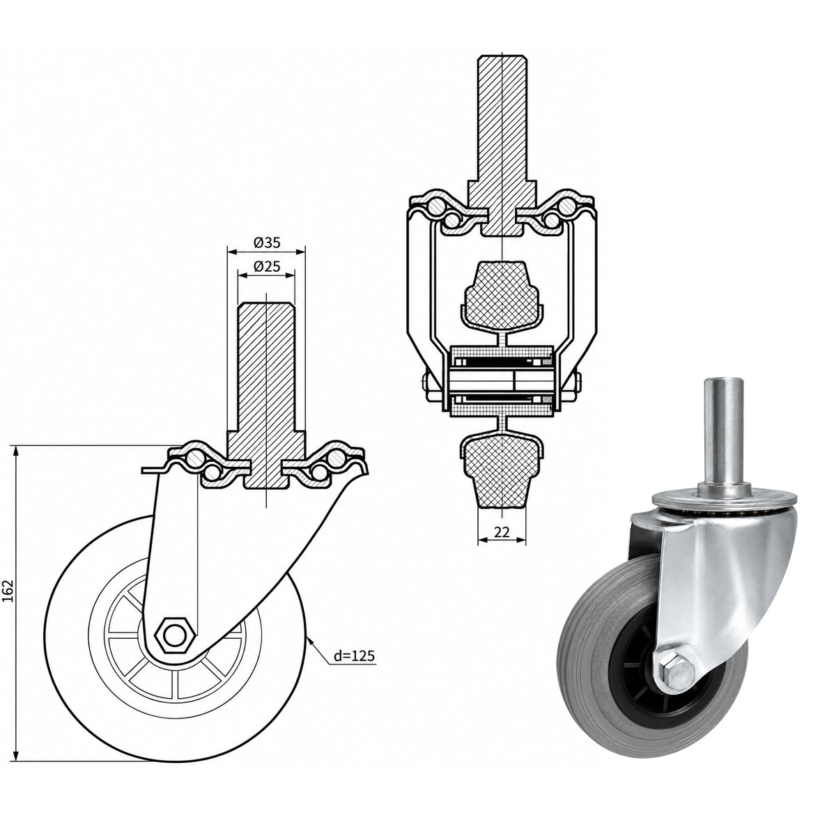 Kunststoff-Gummiräder mit Befestigungsstift Lenkrollen Ø125 mm Code: 24TS*25
