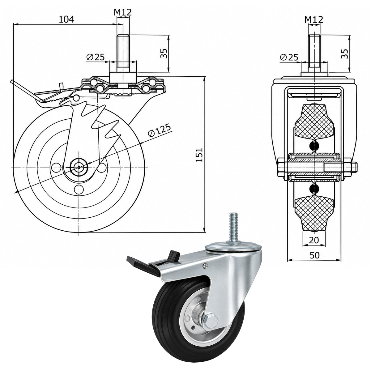 Metall-Gummiräder mit Befestigungsstift und Bremse Lenkrollen  Ø125 mm Code: 26MH*M12