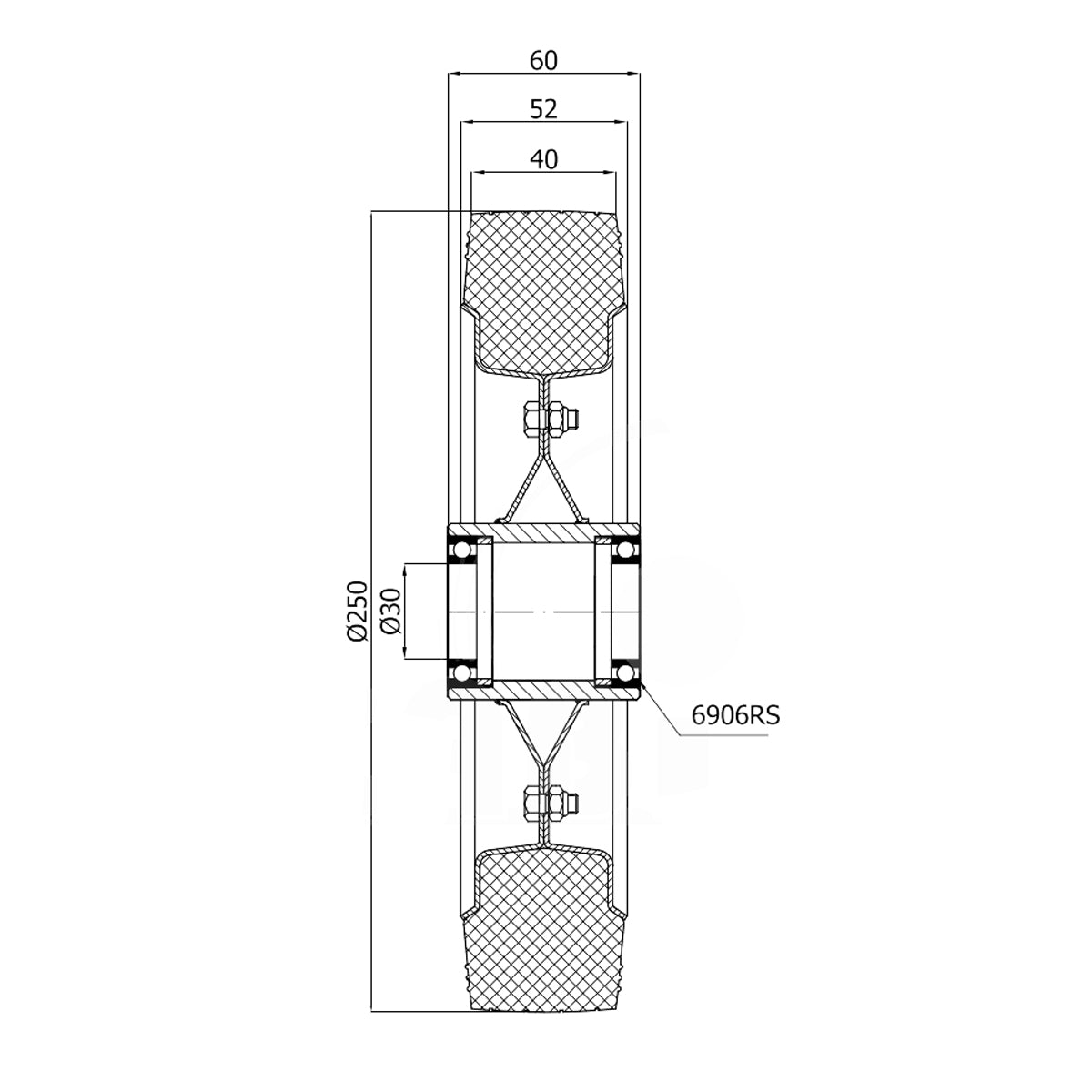 Ersatzrad Ø250 mm – Graues, nicht abfärbendes Vollgummi Industrierad mit Kugellager für Transportwagen, Code: 90LLS/30