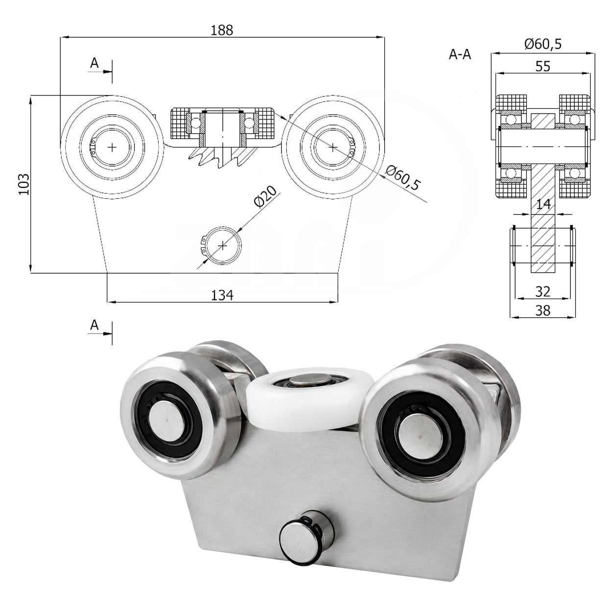 Torwagen für Schiebetore - für Profile 70 x 70 mm - Wandstärke 4 mm: WG-5M-70