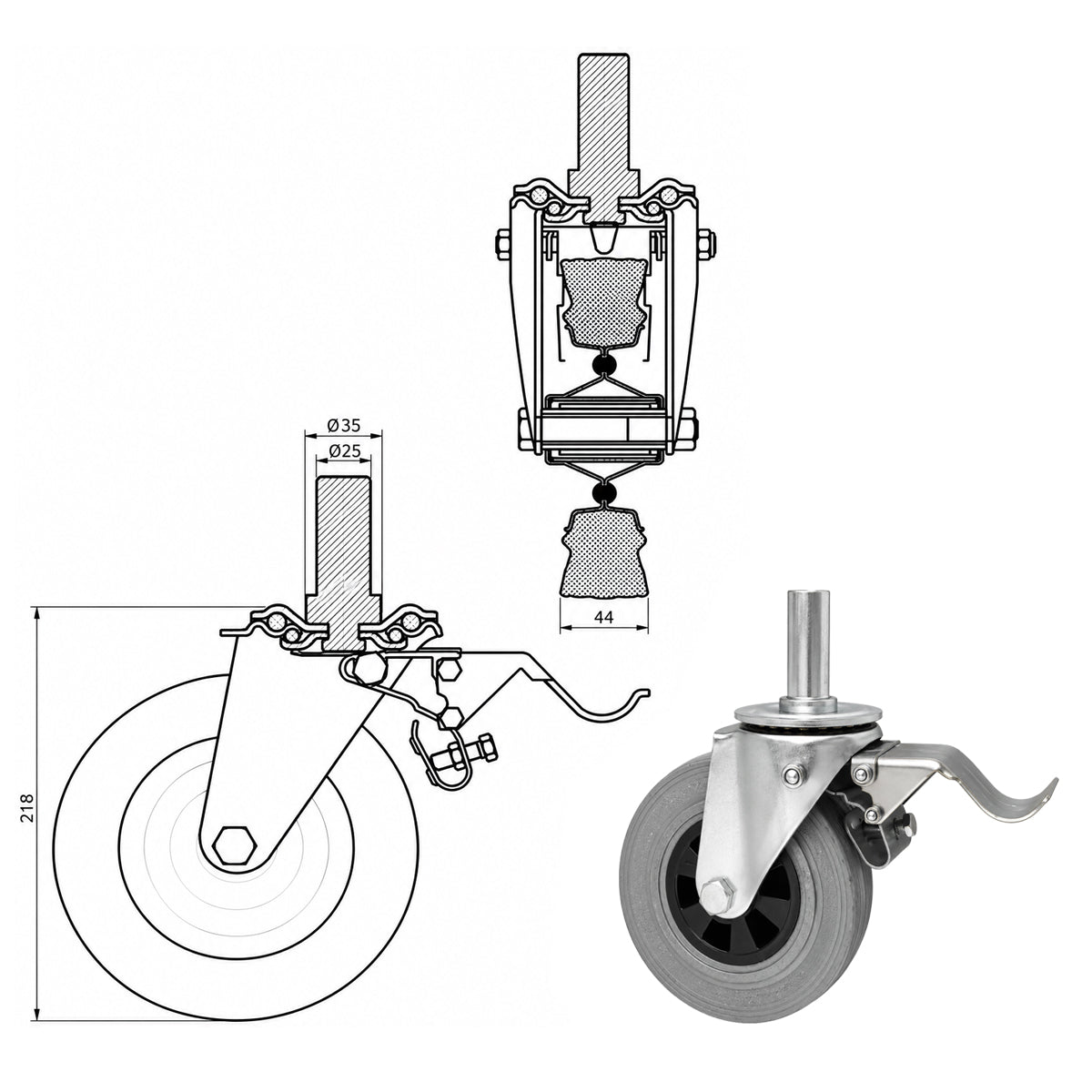Kunststoff-Gummiräder mit Befestigungsstift und Bremse Lenkrollen  Ø180 mm Code: 56TSH*25
