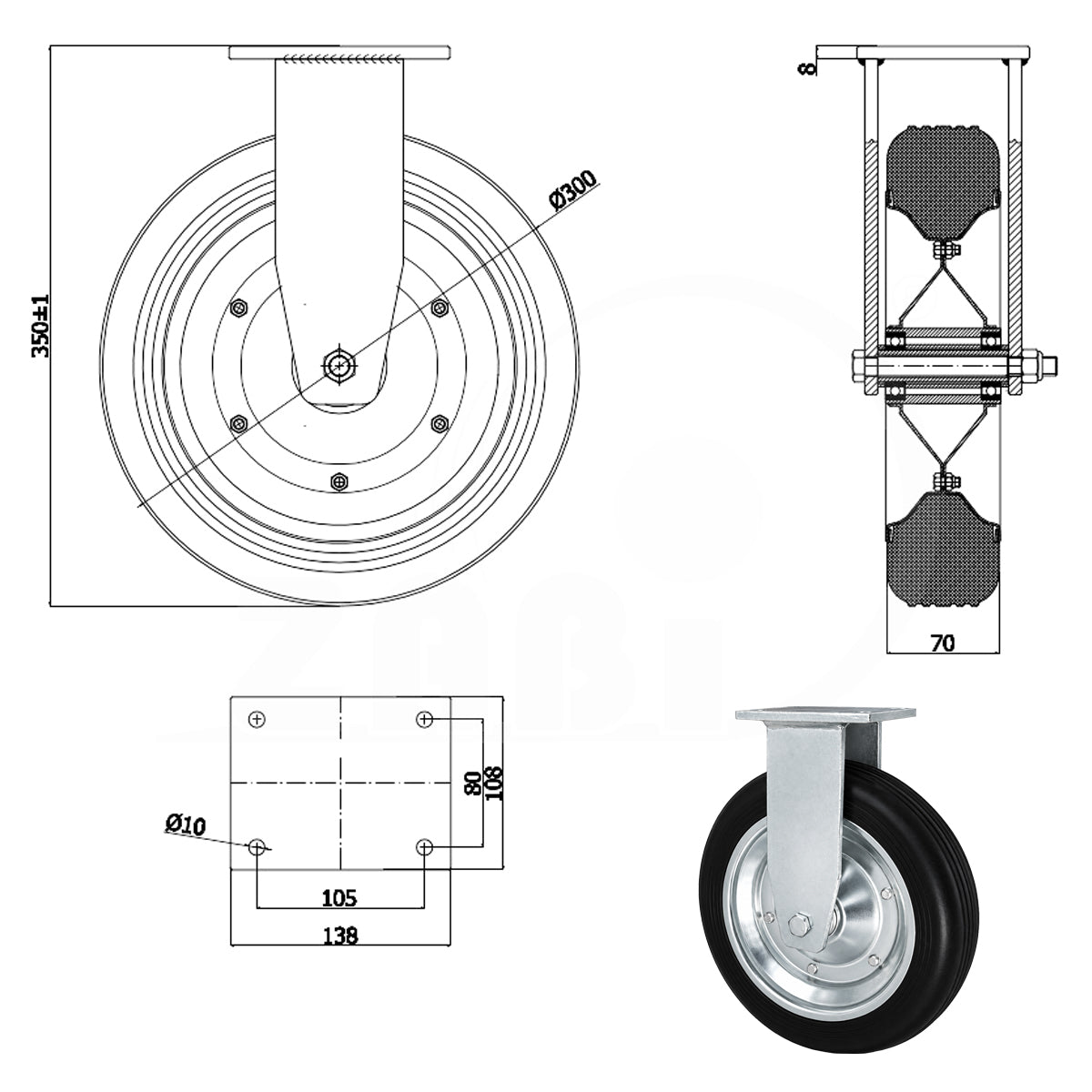 Metall-Gummiräder mit Platte Bockrolle Ø300 mm mit Platte Code: 1003LD
