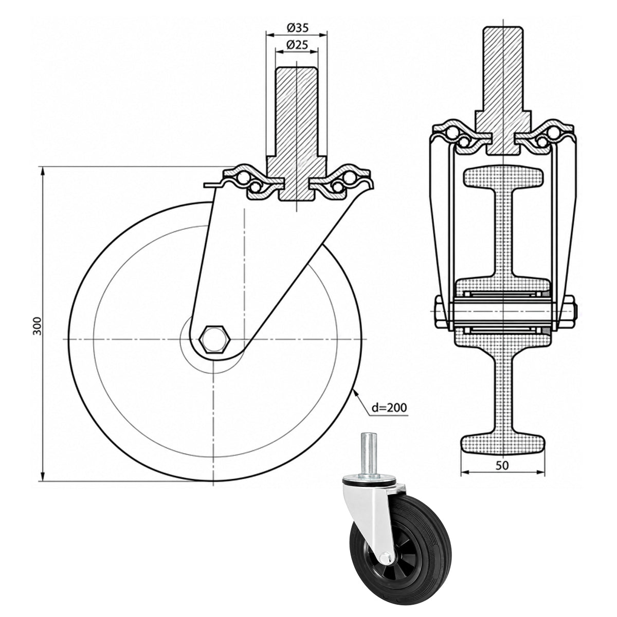 Kunststoff-Gummiräder mit Befestigungsstift Lenkrollen Ø200 mm Code: 64T*25