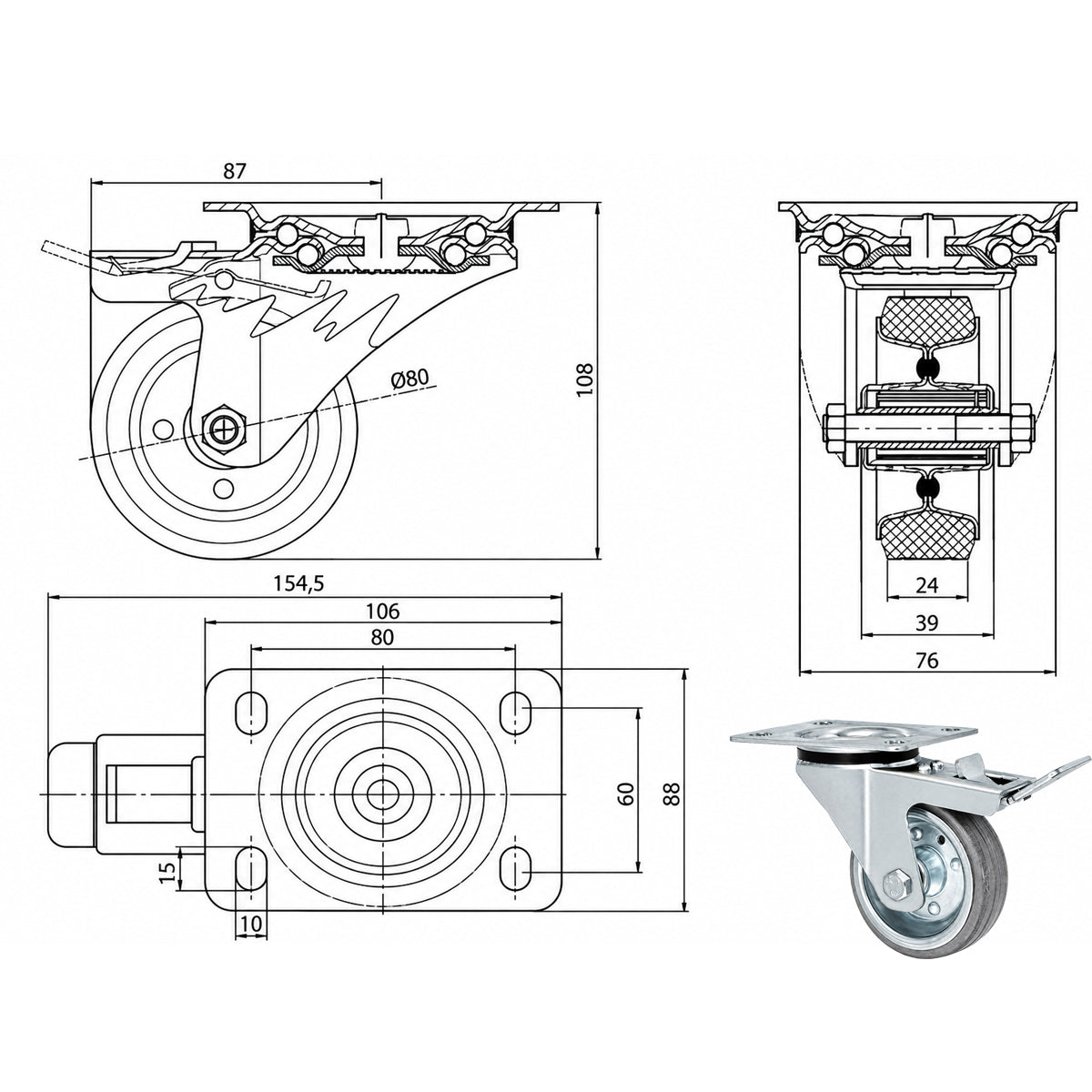 Metall-Gummiräder mit Befestigungsplatte und Bremse  Lenkrolle Ø80 mm Code: 6SH