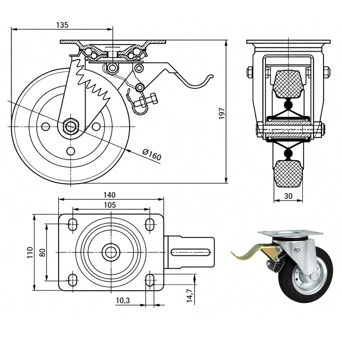 Metall-Gummiräder mit Befestigungsplatte und Bremse Lenkrolle Ø160 mm Code: 45H