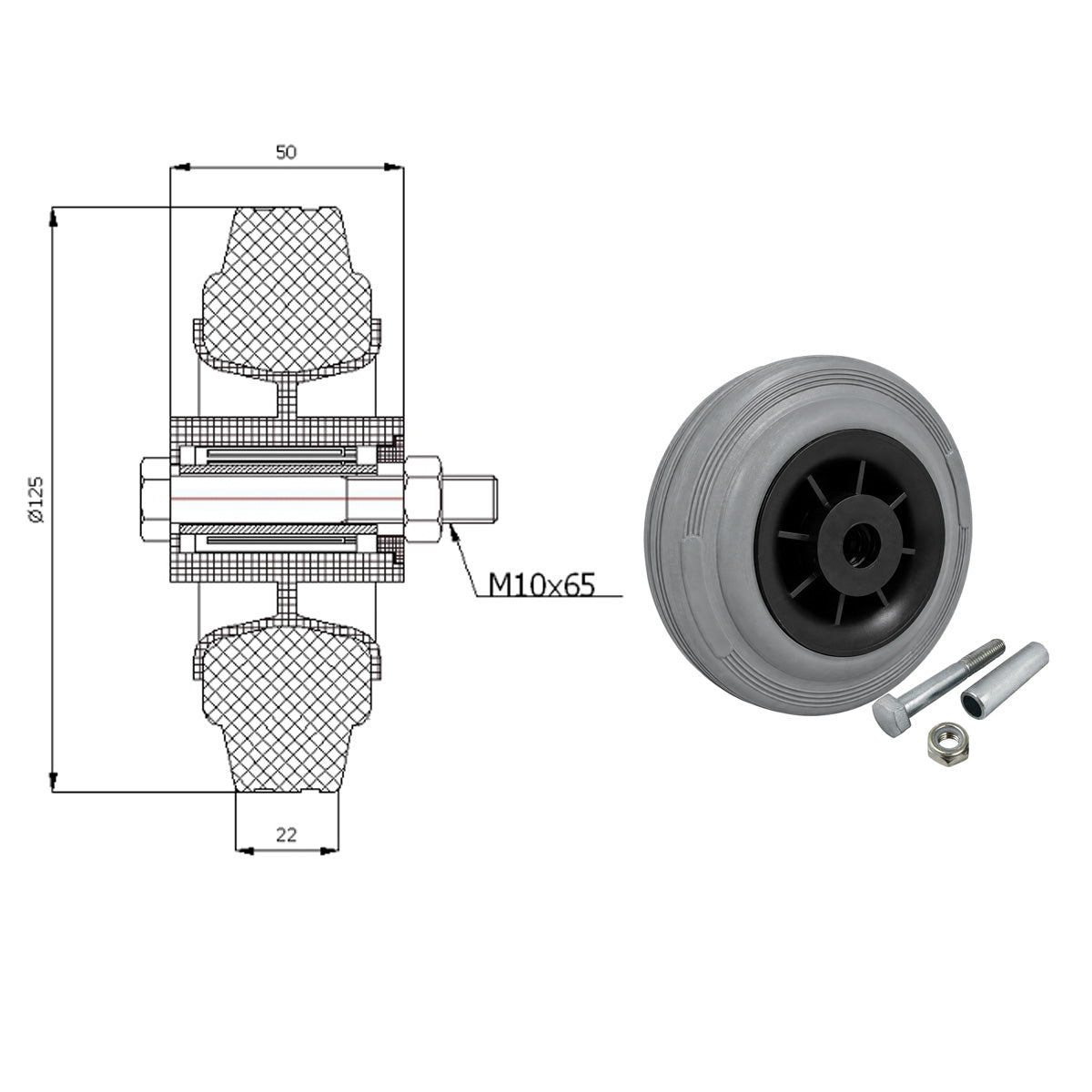 Kunststoff-Gummirrad Ø 125 mm Industrie Gummirad mit Montagesatz Code: 21TS