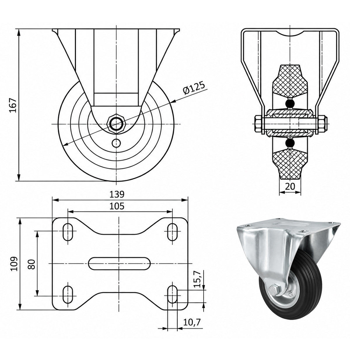 Metall-Gummiräder mit Platte Bockrolle Ø125 mm mit Platte Code: 23