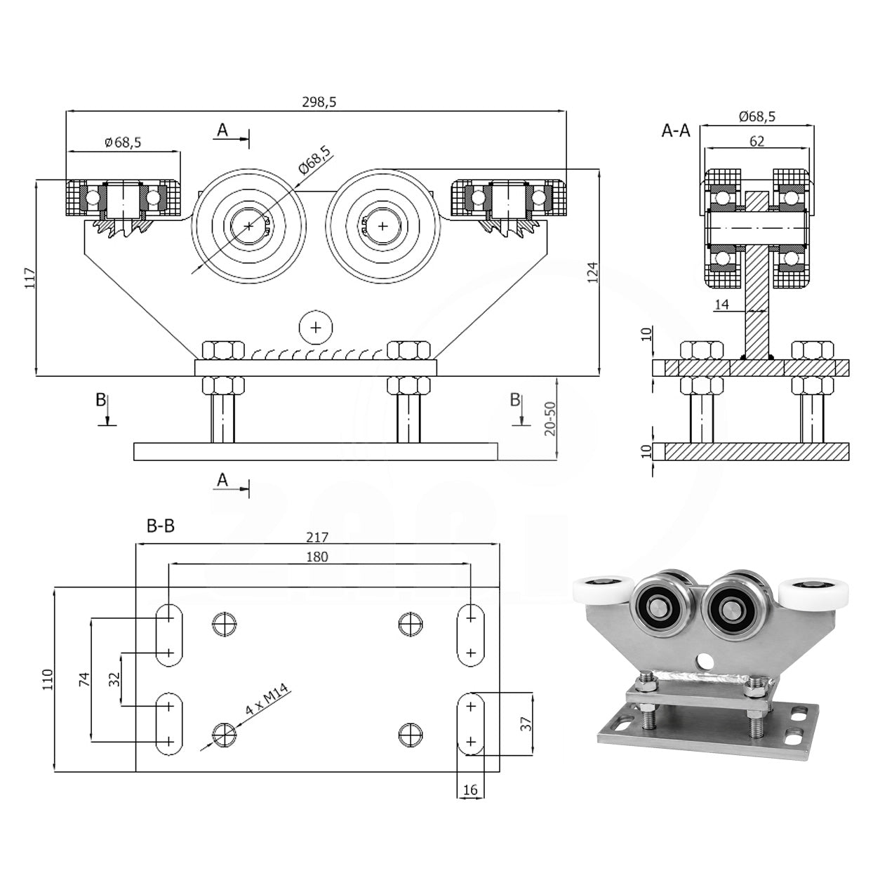 Torwagen für Schiebetore - für Profile 80 x 80 mm - Wandstärke 5 mm: R-6M-80