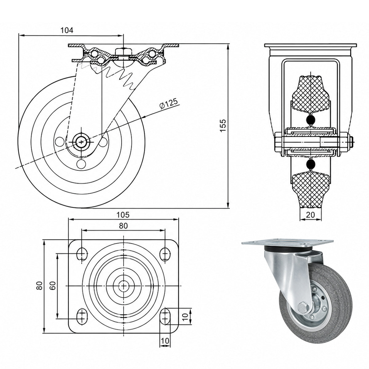 Metall-Gummiräder mit Befestigungsplatte Lenkrolle Ø125 mm mit Platte Code: 22MS