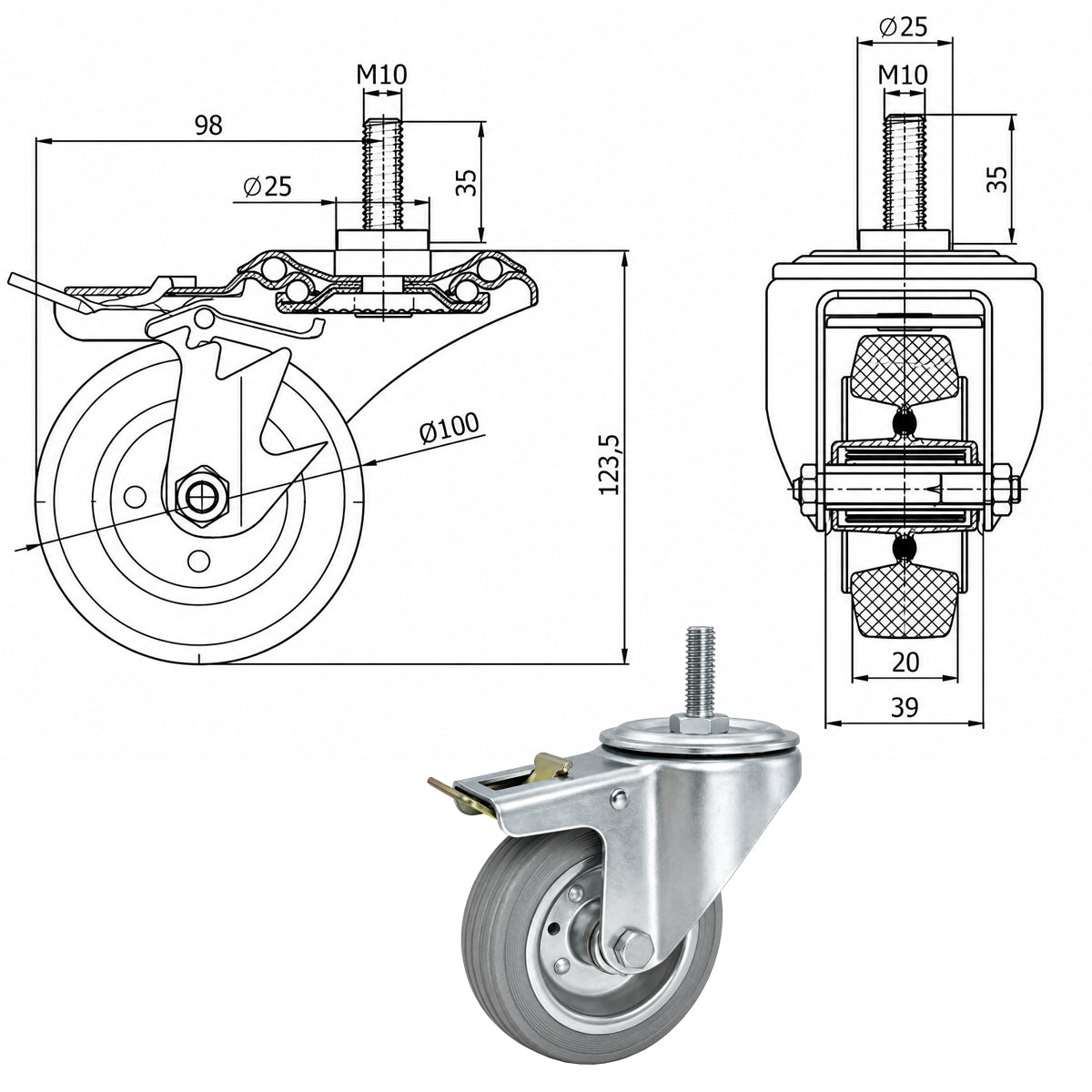 Metall-Gummiräder mit Befestigungsstift und Bremse Lenkrollen  Ø100 mm Code: 16SH*M10