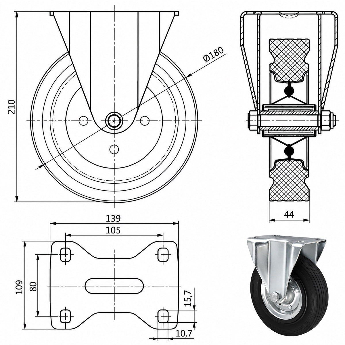 Metall-Gummiräder mit Platte Bockrolle Ø180 mm mit Platte Code: 53