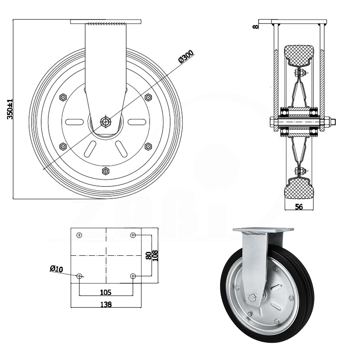 Metall-Gummiräder mit Platte Bockrolle Ø300 mm mit Platte Code: 1003MLD