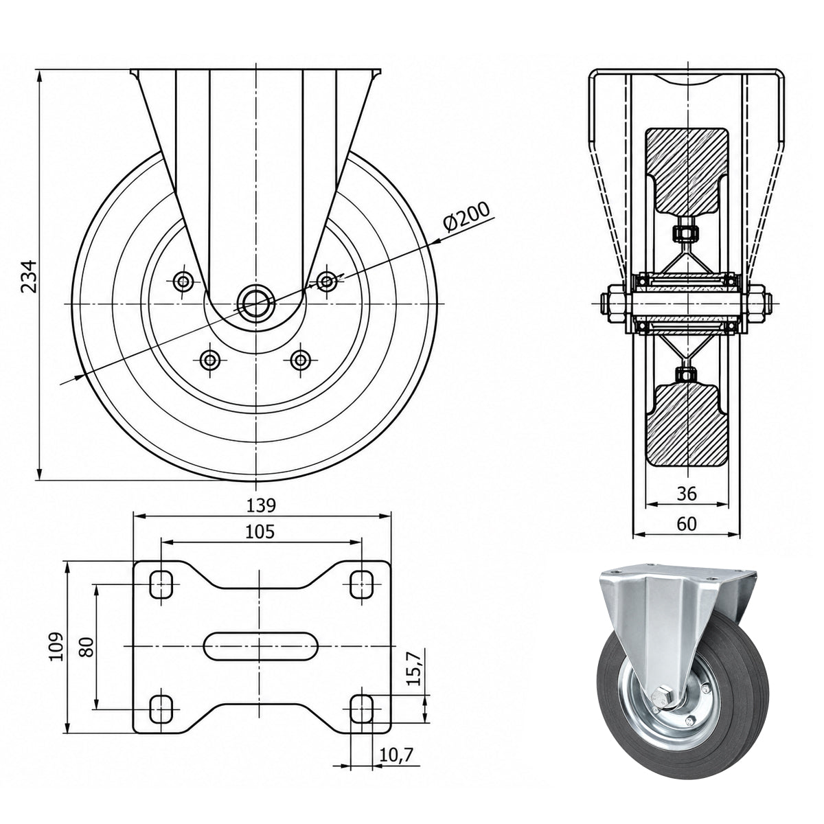 Metall-Gummiräder mit Platte Bockrolle Ø200 mm mit Platte Code: 63NS