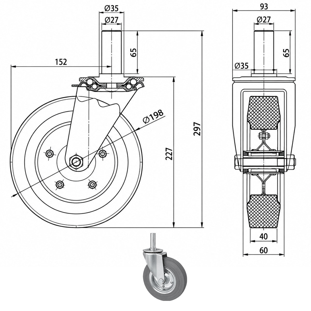 Metall-Gummiräder mit Befestigungsstift Lenkrollen  Ø200 mm Code: 64NS*27