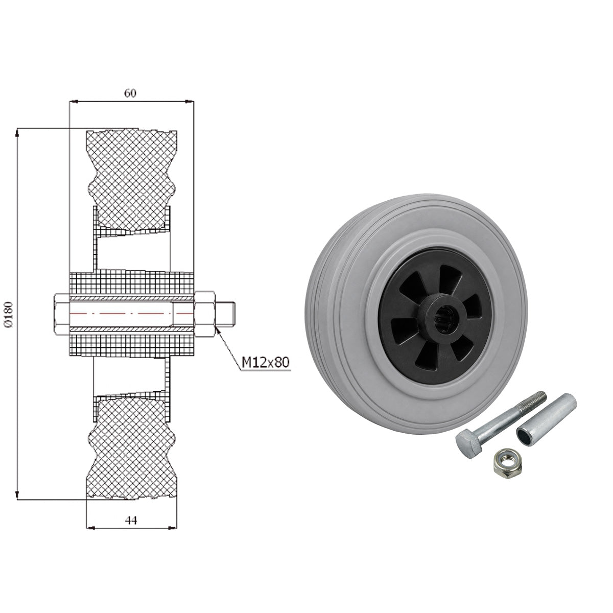Kunststoff-Gummirrad Ø 180 mm Industrie Gummirad mit Montagesatz Code: 51TSX