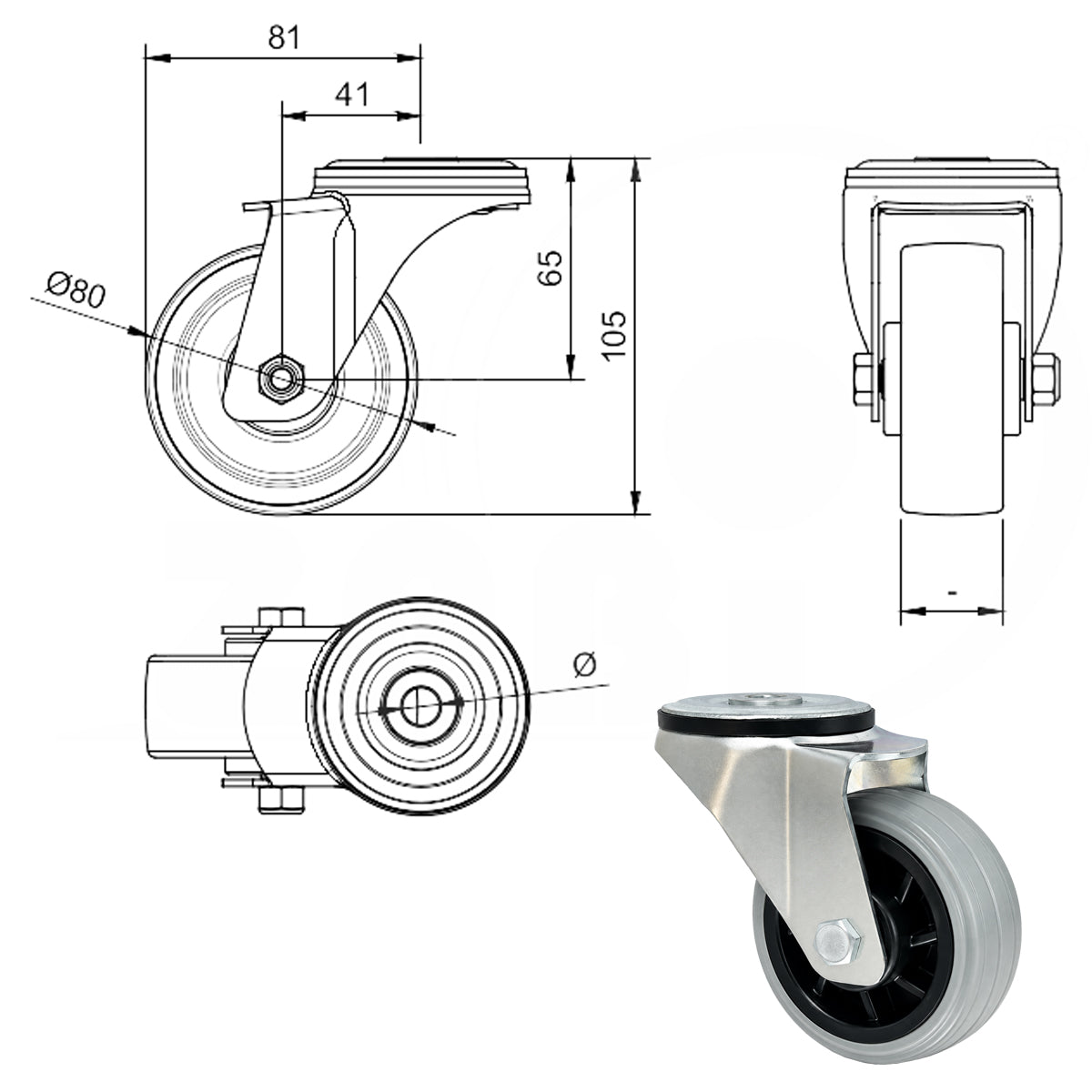 Kunststoff-Gummiräder mit Befestigungsstift mit Zentralbohrung Ø80 mm Code: 8TS9