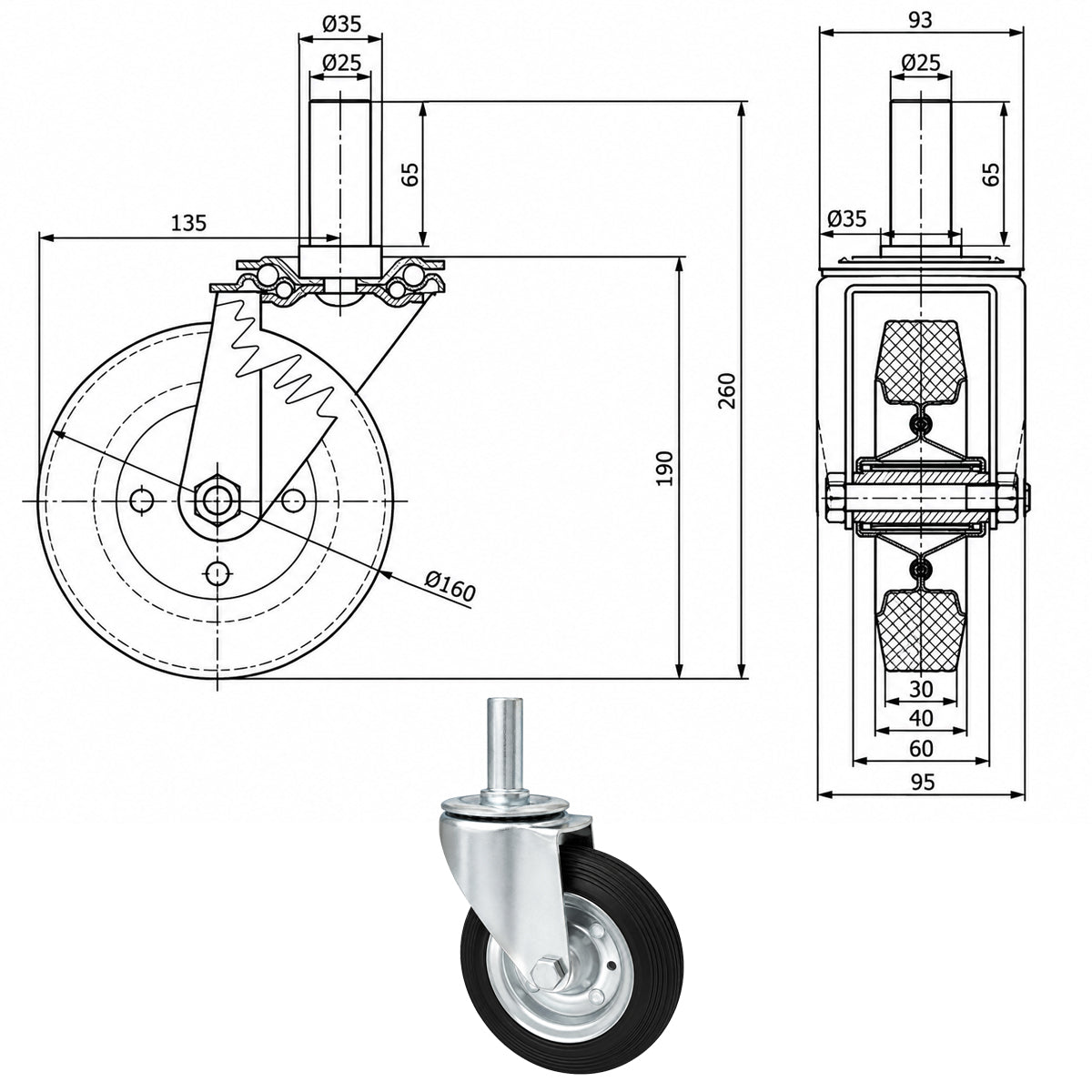 Metall-Gummiräder mit Befestigungsstift Lenkrollen Lenkrollen Ø160 mm Code: 44*25