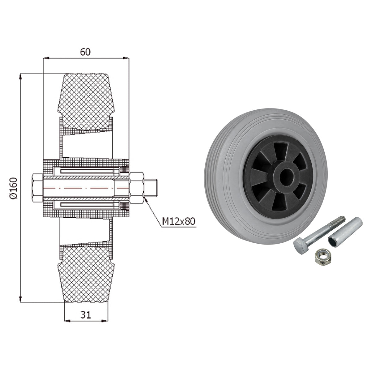 Kunststoff-Gummirrad Ø 160 mm Industrie Gummirad mit Montagesatz Code: 41TS