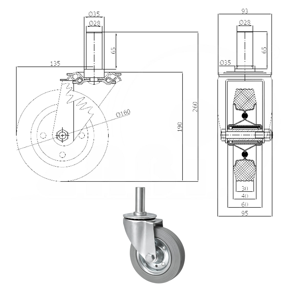 Metall-Gummiräder mit Befestigungsstift Lenkrollen Lenkrollen Ø160 mm Code: 44S*28