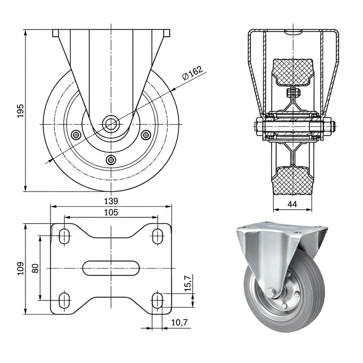 Metall-Gummiräder mit Platte Bockrolle Ø160 mm mit Platte Code: 43NS