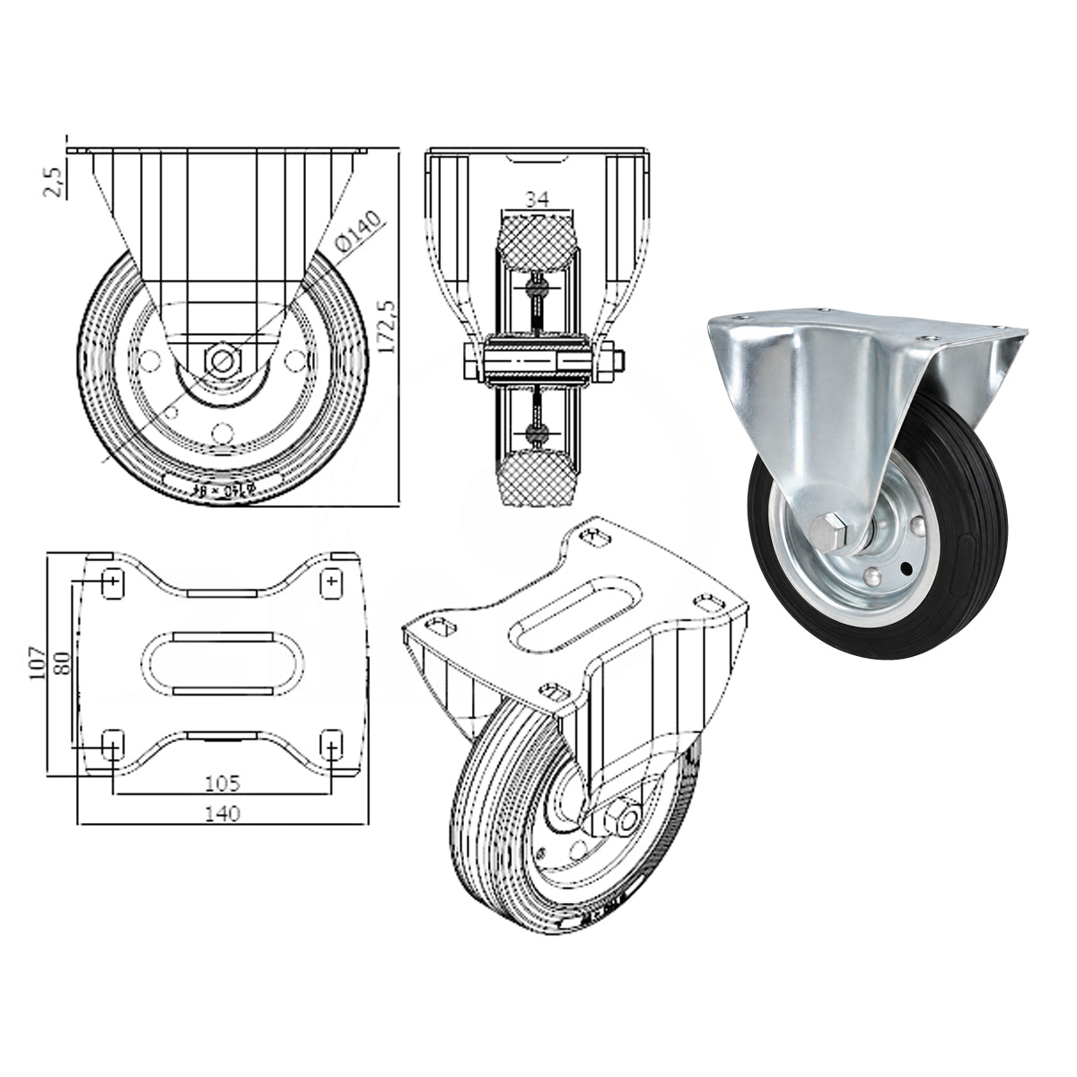 Metall-Gummiräder mit Platte Bockrolle Ø140 mm mit Platte Code: 33