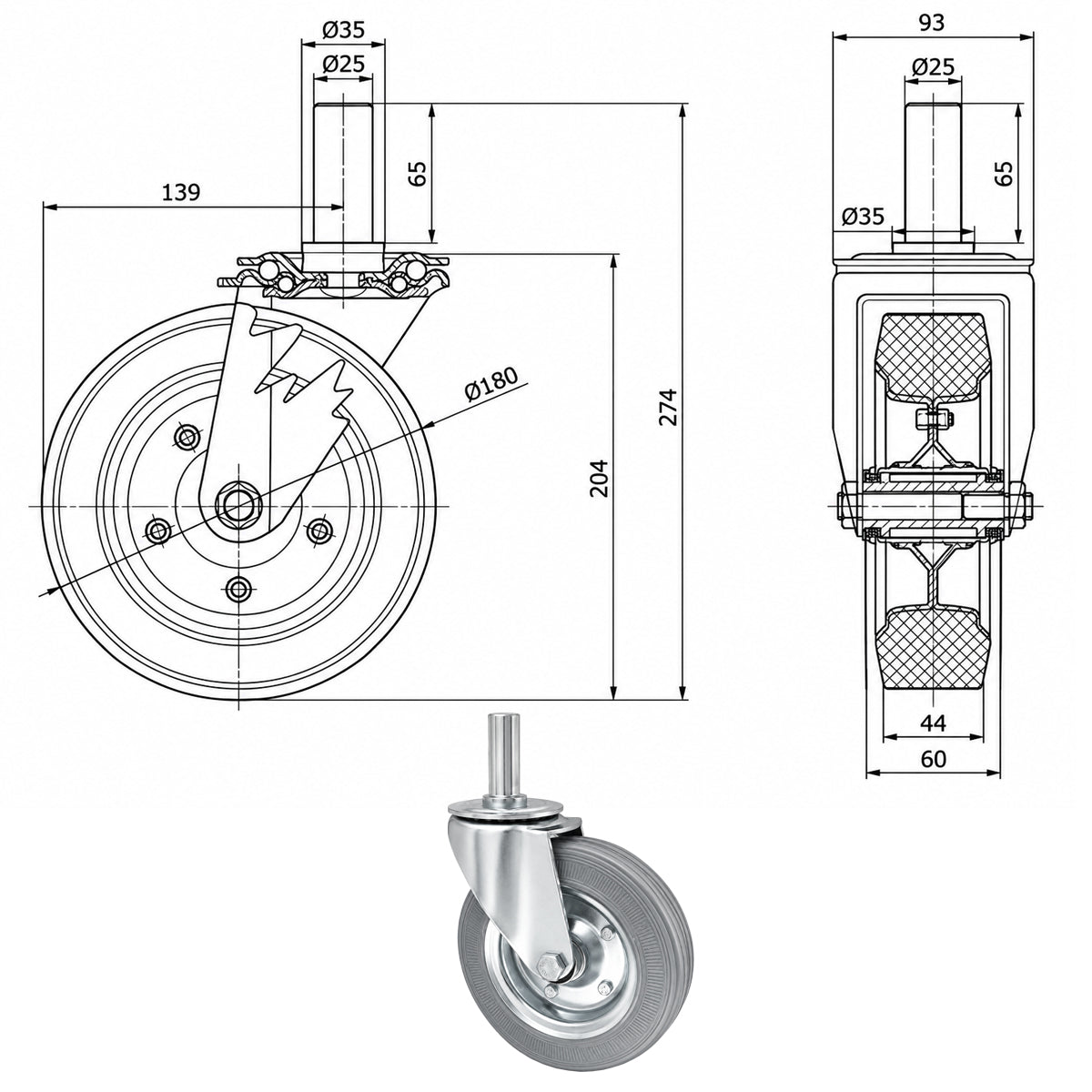 Metall-Gummiräder mit Befestigungsstift Lenkrollen  Ø180 mm Code: 54NS*25