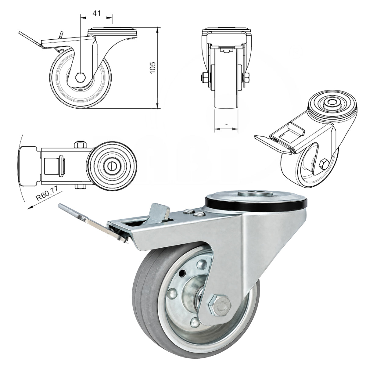 Metall-Gummiräder mit Befestigungsstift mit Zentralbohrung und Bremse Ø80 mm Code: 8SH/10