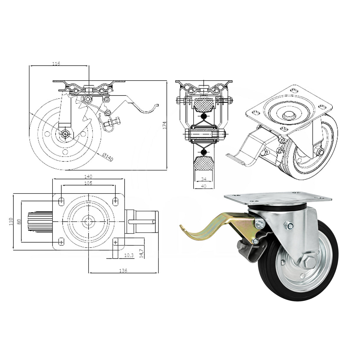 Metall-Gummiräder mit Befestigungsplatte und Bremse Lenkrolle Ø140 mm Code: 35H