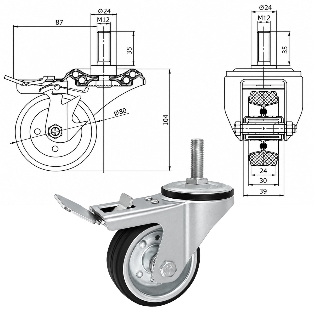 Metall-Gummiräder mit Befestigungsstift und Bremse Lenkrollen  Ø80 mm Code: 7H*M12