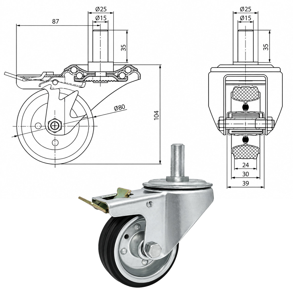Metall-Gummiräder mit Befestigungsstift und Bremse Lenkrollen  Ø80 mm Code: 7H*15