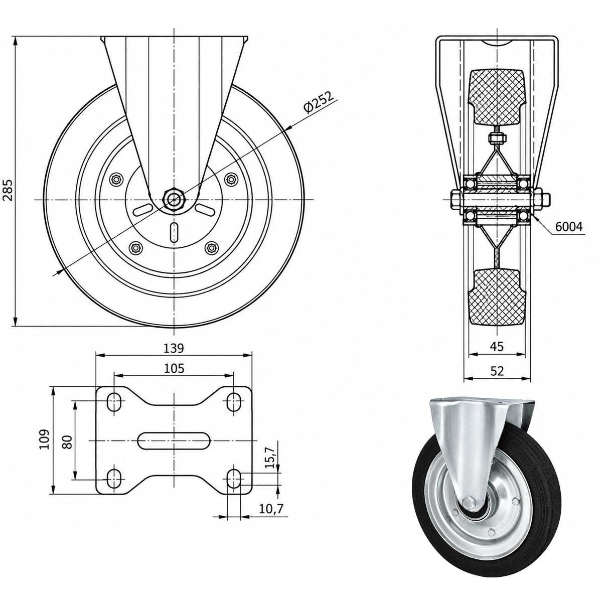 Metall-Gummiräder mit Platte Bockrolle Ø250 mm mit Platte Code: 93L