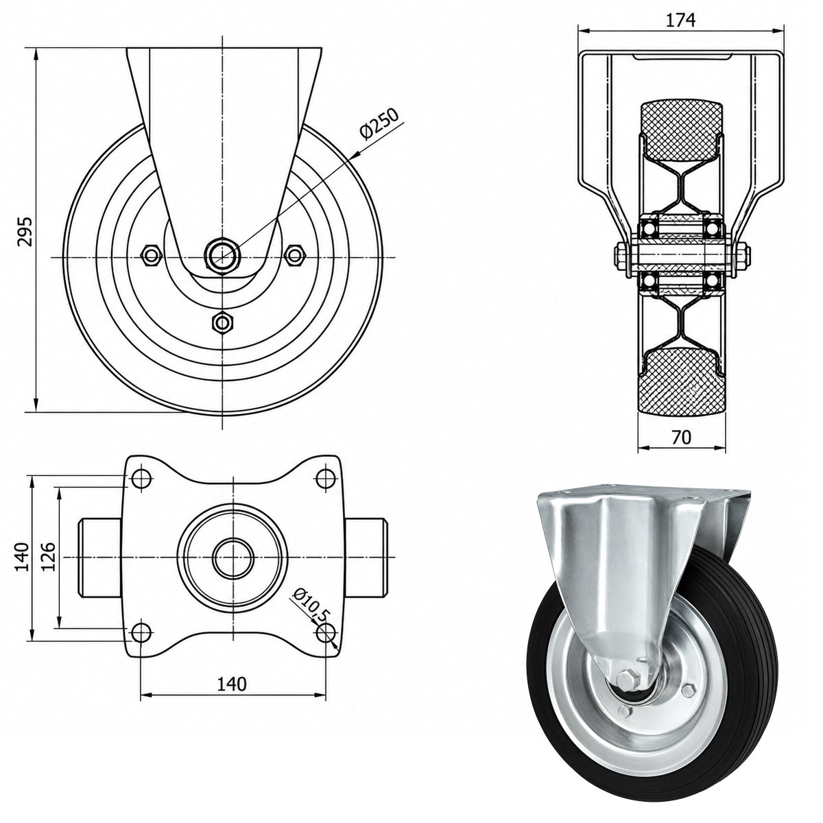 Metall-Gummiräder mit Platte Bockrolle Ø250 mm mit Platte Code: 93NNL