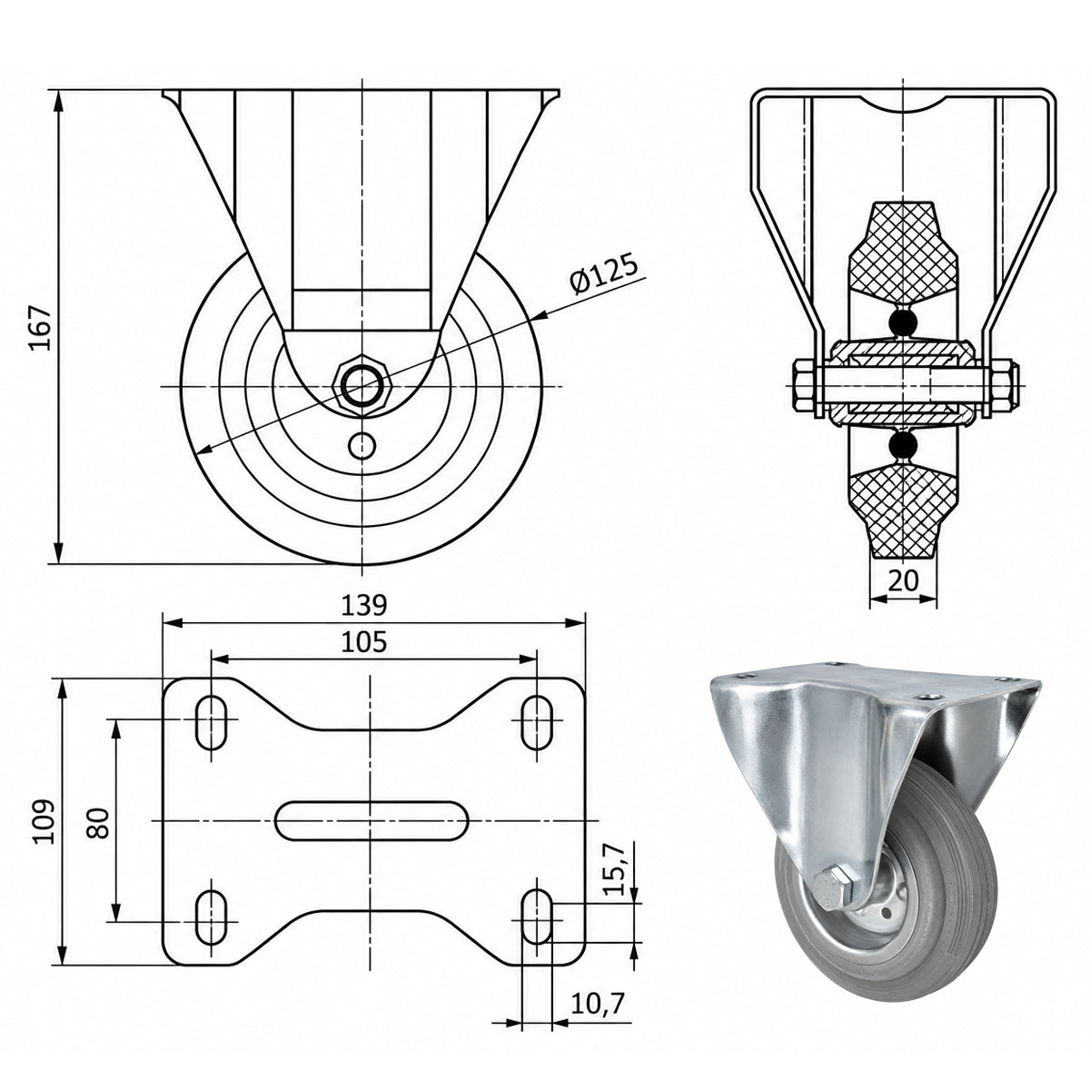 Metall-Gummiräder mit Platte Bockrolle Ø125 mm mit Platte Code: 23S