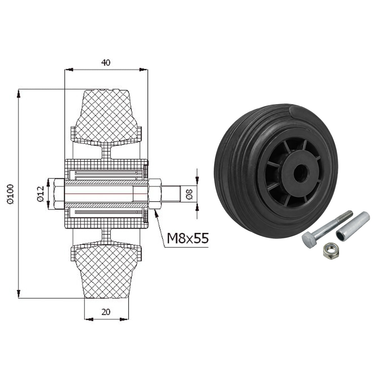 Kunststoff-Gummirrad Ø 100 mm Industrie Gummirad mit Montagesatz Code: 11T