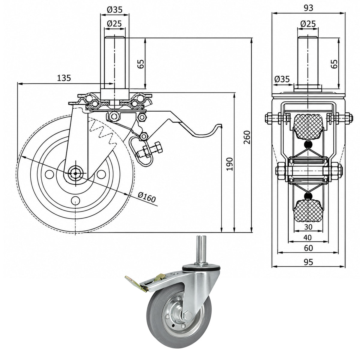 Metall-Gummiräder mit Befestigungsstift und Bremse Lenkrollen  Ø160 mm Code: 46SH*25