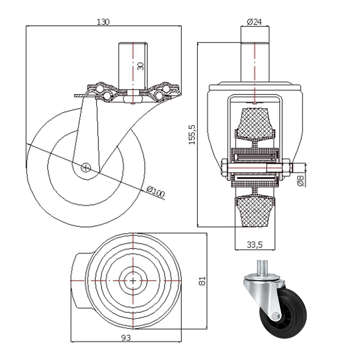 Kunststoff-Gummiräder mit Befestigungsstift Lenkrollen Ø100 mm Code: 14T*24