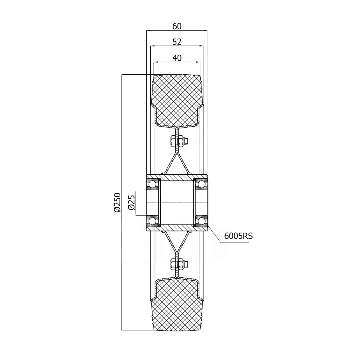 Ersatzrad Ø250 mm – Graues, nicht abfärbendes Vollgummi Industrierad mit Kugellager für Transportwagen, Code: 90LLS/25