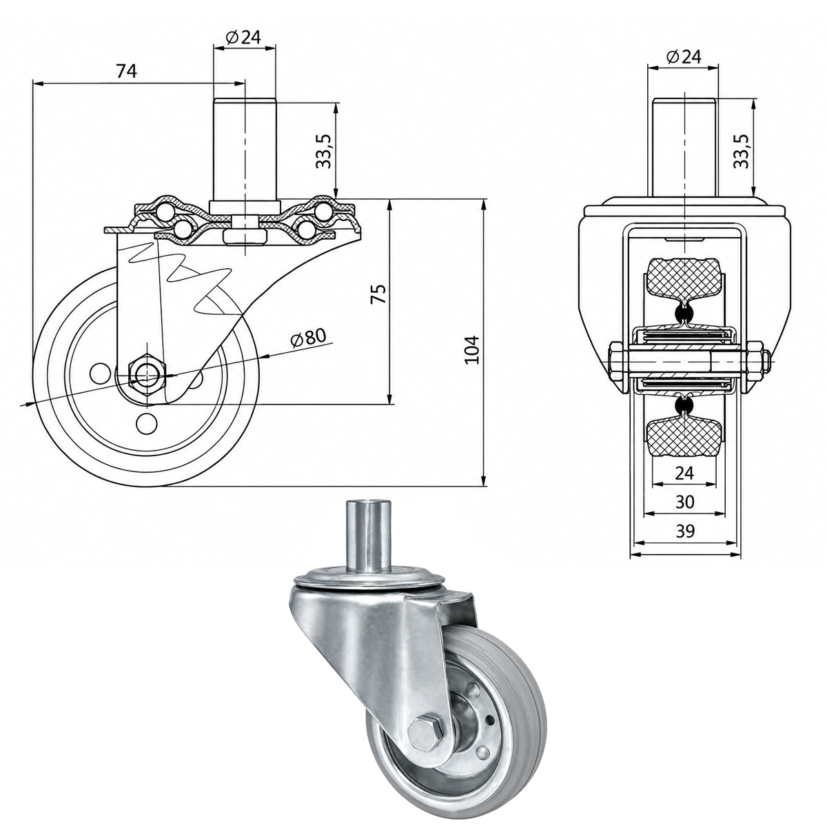 Metall-Gummiräder mit Befestigungsstift Lenkrollen Lenkrollen Ø80 mm Code: 5S*24