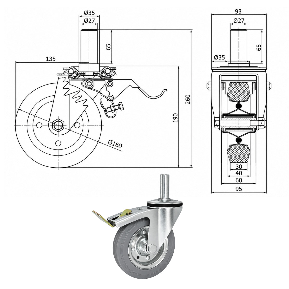 Metall-Gummiräder mit Befestigungsstift und Bremse Lenkrollen  Ø160 mm Code: 46SH*27
