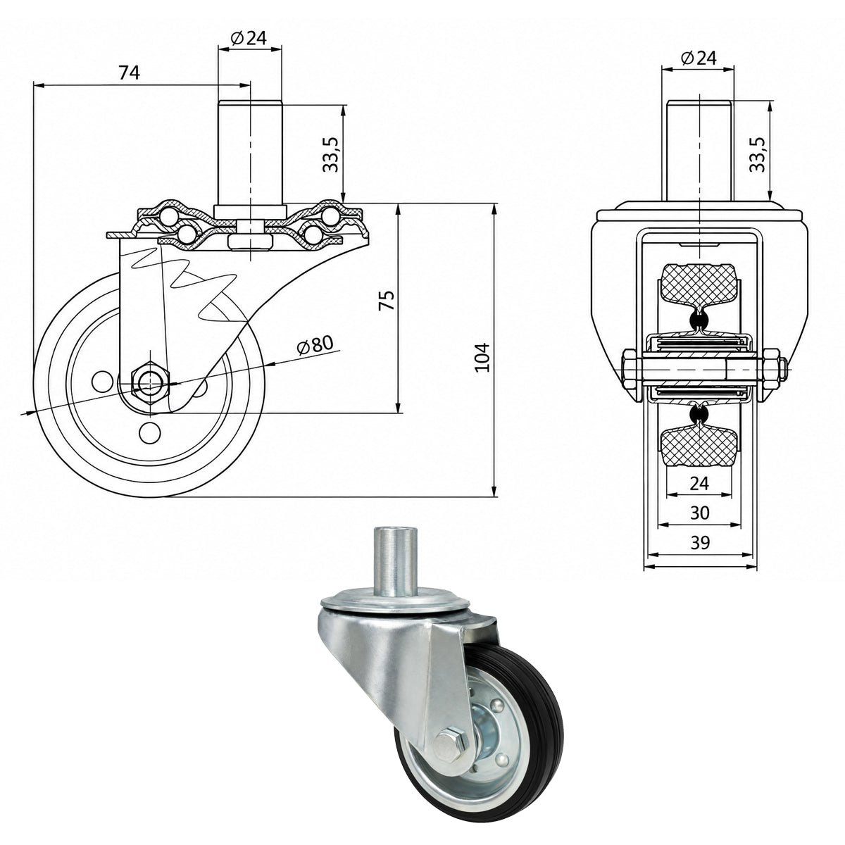 Metall-Gummiräder mit Befestigungsstift Lenkrollen Lenkrollen Ø80 mm Code: 5*24