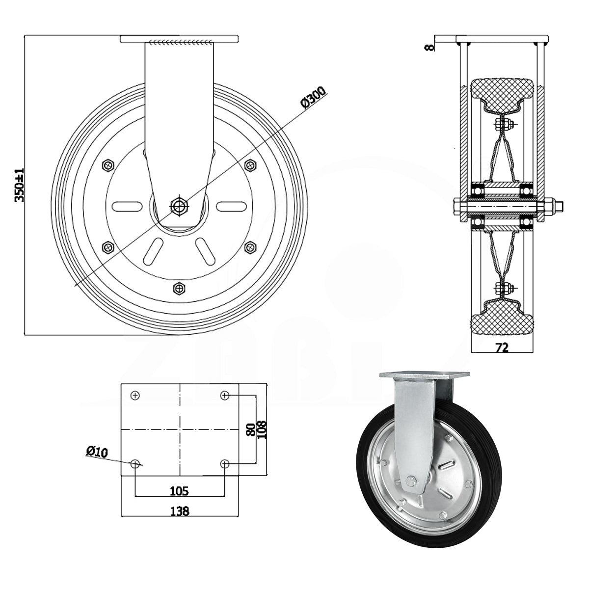 Metall-Gummiräder mit Platte Bockrolle Ø300 mm mit Platte Code: 1003MNLD